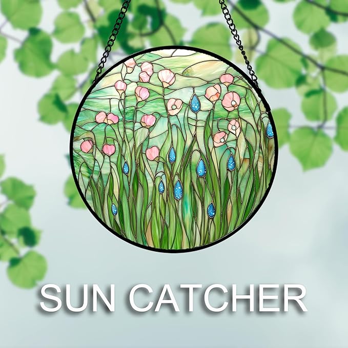 Stained Glass Window Hanging 4 Pcs Set Pink Green Spring Saplings Flowers 7.8" - Suncatcher Door Garden Sun Catcher Home Decor Mother's Day for Woman Nana Mom Men