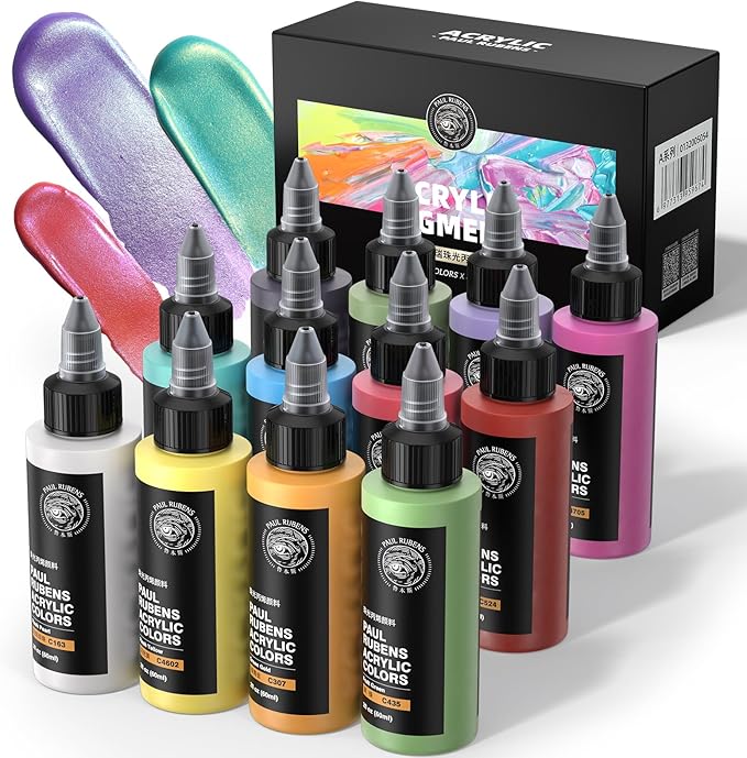 Paul Rubens Acrylic Paint, 12 Colors Metallic Acrylic Paint Set A, 2oz/60ml Bottles, Rich Pigments, Strong Coverage Acrylic Paints For Adults, Artists, Beginners On Canvas Rocks Wood Ceramic Fabric
