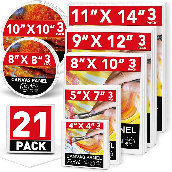 ESRICH Canvas Boards for Painting-21 Pack Blank Canvas Boards-4x4, 5x7, 8x10, 9x12, 11x14, Round Canvas D8, D10, Cotton Primed Canvas Panels, Painting Canvas for Oil, Acrylic, Watercolor.