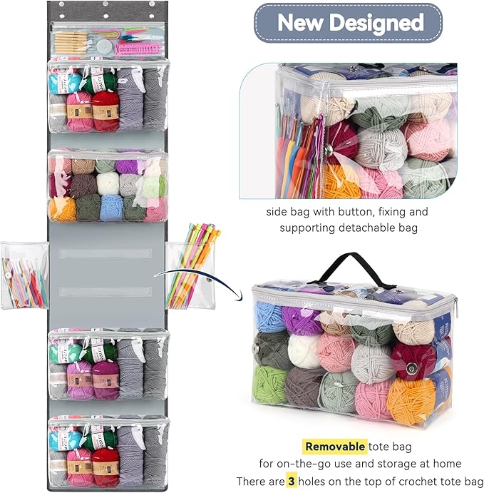 Katech Hanging Yarn Storage Organizer, Over The Door Storage w/Large Capacity Knitting Bag, Yarn Organizers with 6 Zipper Closure Compartments & Detachable Crochet Bag for Yarns Enthusiasts