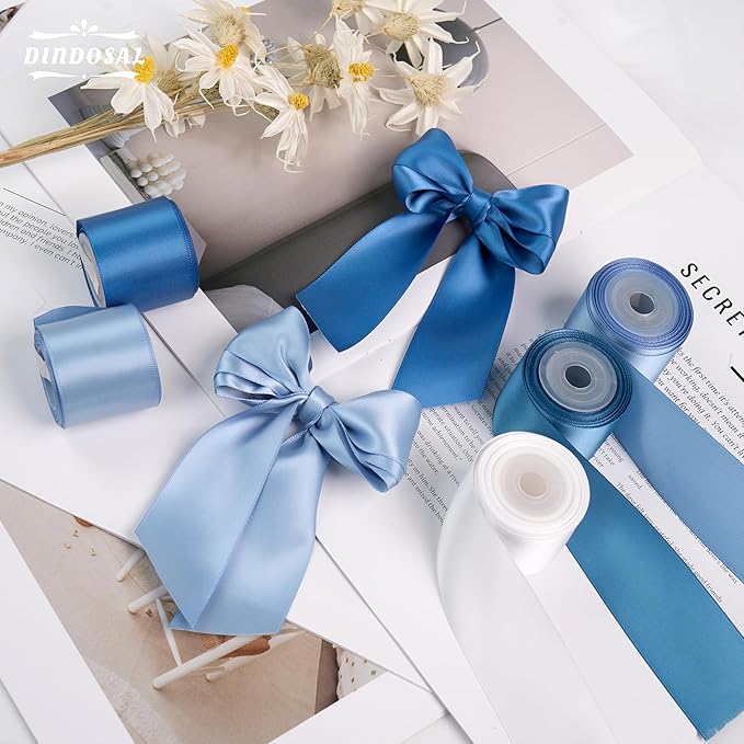 Dusty Blue Satin Ribbon - 1 1/2 Inch, 5 Rolls Assortment for Wedding, Flower Bouquet, Gift Wrapping, Hair Bow Crafts - 25 Yards