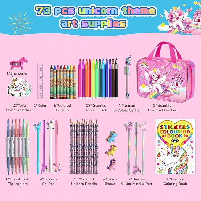 73PCS Unicorn Washable Markers Set with Glitter Pencil Case, Art Supplies and Craft for Girls Ages 4-6-8,Kids Coloring Drawing Kit with Marker,Colored Pencil,Crayon,Gel Pen,Birthday Gift Toys for Girl