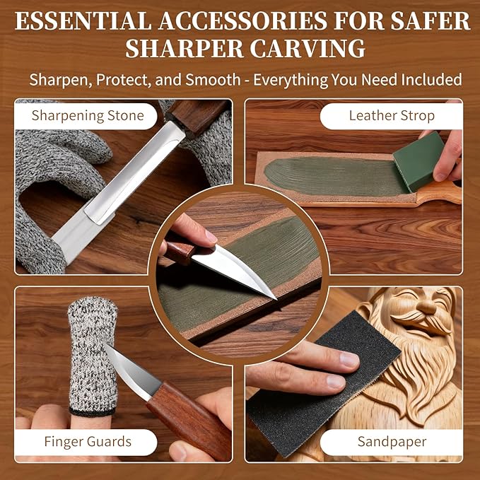YOYUPETA Wood Carving Kit, 32-Piece Professional Whittling & Carving Tool Set with Walnut Handle Knives, Detail Gouges, Sharpening Stone, Strop, Basswood Blanks and Gloves for Adult Hobbyists & Craft