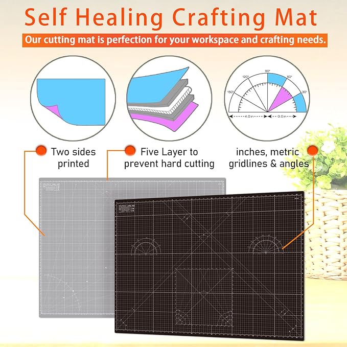 Self Healing Cutting Mat A0 36"x48" – Double Sided 5-Ply Craft Mat for Sewing, Quilting, Fabric, Scrapbooking – Black/Gray