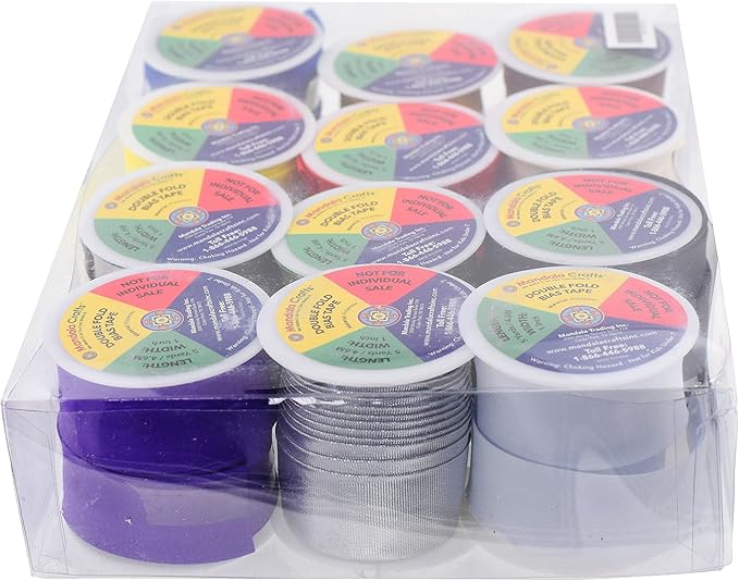 Mandala Crafts 60 Yards 1 Inch 12 Assorted Colors Double Fold Bias Tape for Sewing - Bias Binding Tape for Quilting Binding, Hemming, Seam, and Fabric Piping