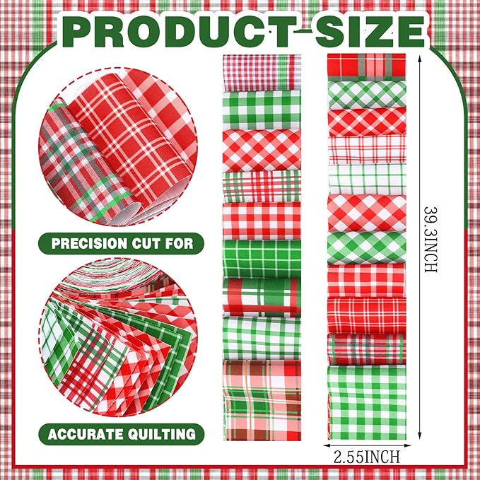 40 Pcs Vintage Plaid Christmas Quilting Fabric Jelly Fabric Squares Patchwork Roll 2.56 Inch Red Green and Pink Plaid Patchwork Retro Precut Strips for Xmas Craft Sewing DIY Handmade