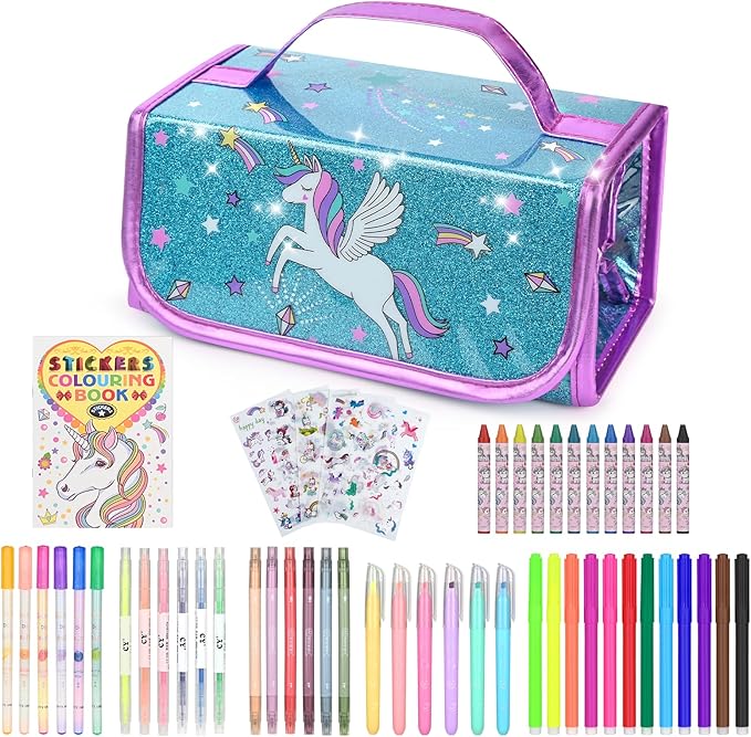 Washable Scented Markers Set for Kids - Unicorn Coloring Art Supplies Set for Kids Ages 4-8 Birthday Gifts for 4-8 Year Old Girls Unicorn Pencil Case 54 PCS