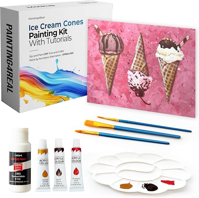 Painting4Real DIY Art Painting Kit for Adults – Learn to Paint Ice Cream Cones with Video Tutorials – 9 Pieces Acrylic Paint Set for Adults –Perfect Christmas Crafts & Holiday Gifts for Art Lovers