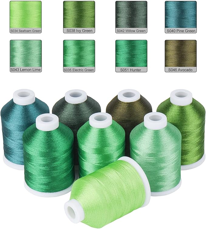 Simthread Green Embroidery Thread – 8 Shades Compatible with Madeira Colors, 550 Yards Each, 40WT Polyester, for Brother, Babylock, Janome, Singer & Other Machines