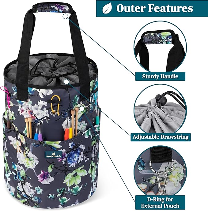 PAVILIA Crochet Bag Knitting Bag Organizer, Yarn Bag Storage Tote for Crocheting On The Go, Knitting Accessories Supplies Holder with Grommets, Gift for Crochet Lovers Knitters (Floral Gray)