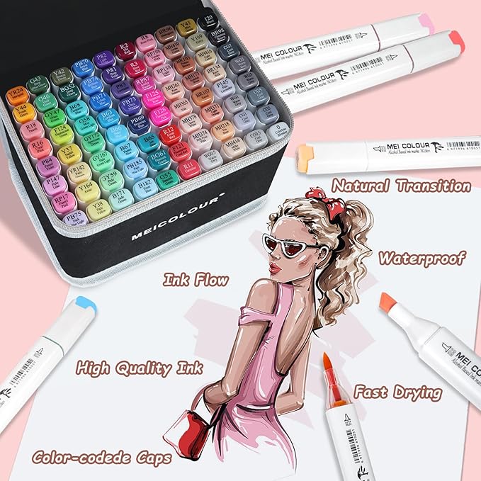 Alcohol Markers Brush Tip for Adults Artists, 80 Animation colors Coloring Book No Bleeding Marker, Professional Permanent Drawing Marker Christmas Gift