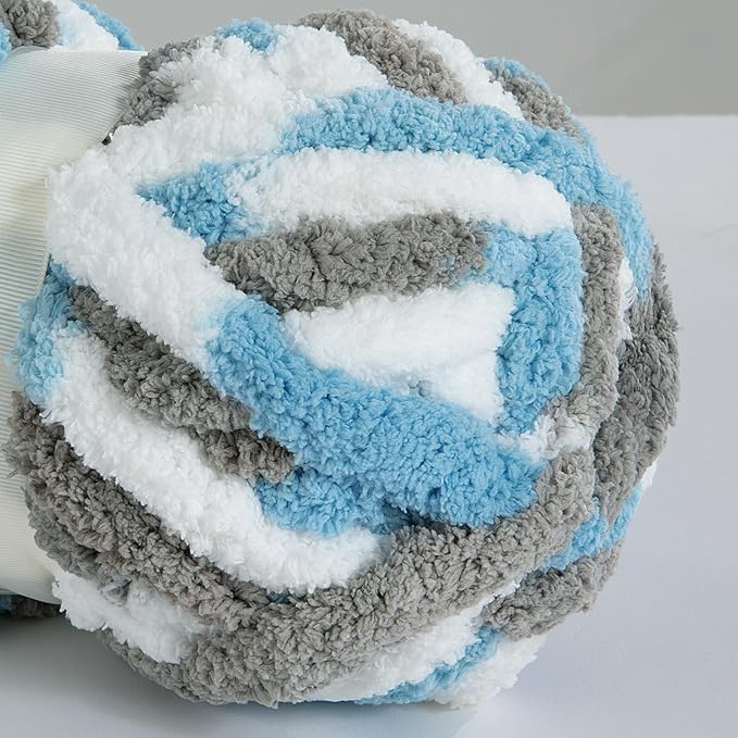 HOMBYS 8 Pack Giant Chunky Yarn for Crocheting,Super Bulky Large Soft Fluffy Yarn,Tie Dye Plush Fuzzy Yarn,Mixed Color Thick Chenille Yarn for Hand Knitting/Arm Knitting(Blue,Grey,White)