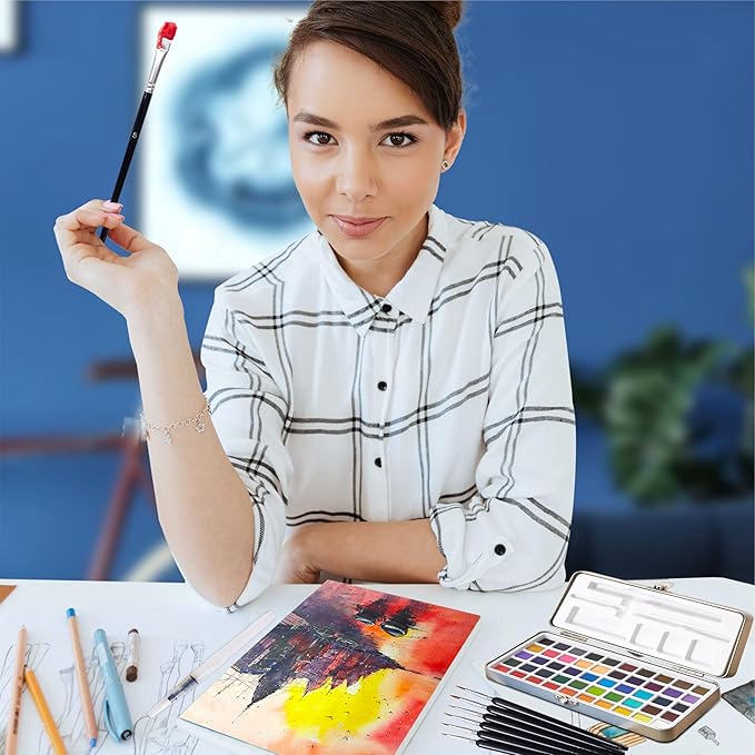 Professional Watercolor Paint Set – 50 Brilliant Colors, 6 Detail Brushes, Water Brush Pen, Swatch Sheet, Sponge & Metal Case – Portable Non-Toxic Colors with ASTM D-4236 Certificate, Kit for Adults, Artists & Students
