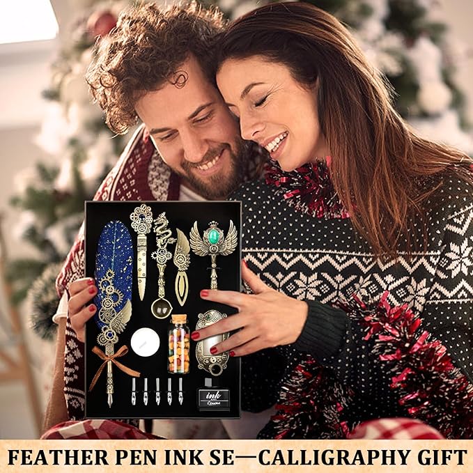 Quill Pen Ink Set with Wax Seal,Feather Quill Pen, a Collision of Punk and Retro Styles, both Calligraphy Pen Set and Wax Seal Stamp Kit, Suitable for Calligraphy Lovers of All Ages (Blue)