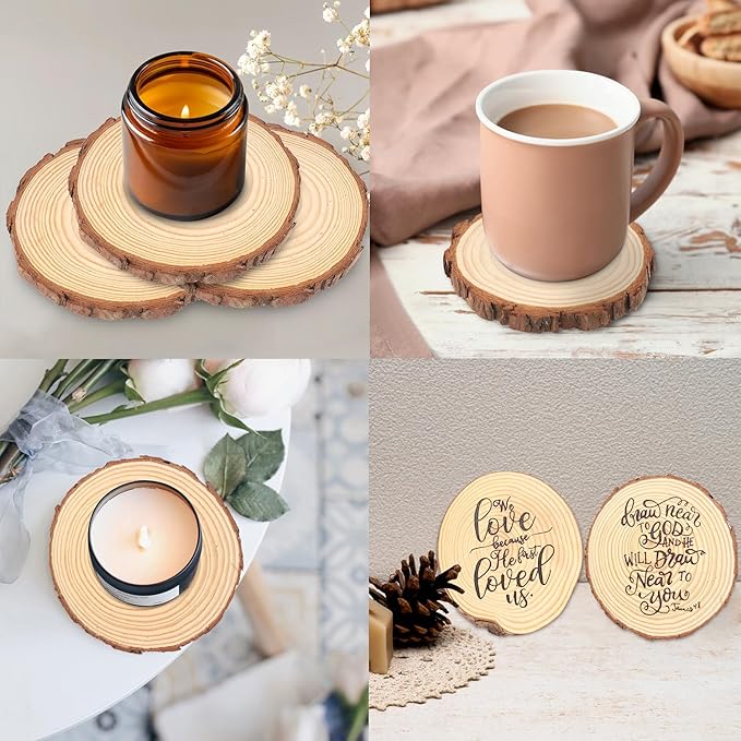 70 PCS 3-4 Inch Natural Wood Slices, Unfinished Pine Wood Circles with Barks for Coasters, DIY Crafts, Christmas Rustic Wedding Ornaments and Centerpieces,by GNIEMCKIN.