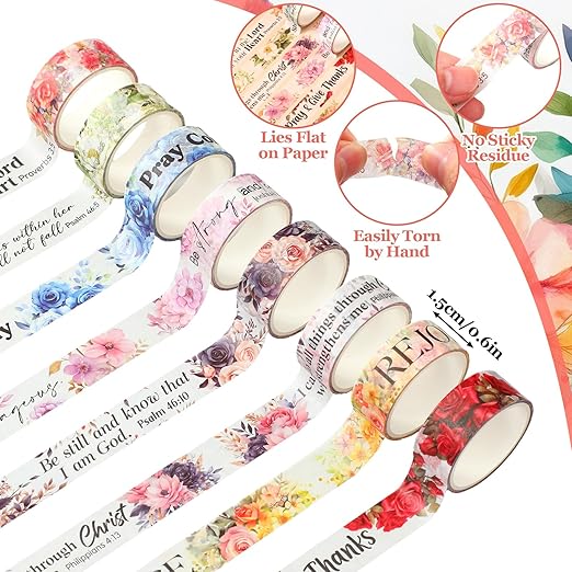 Janlaugh 24 Rolls Christian Washi Tape Gifts Bulk Religious Inspirational Scripture Supplies Cross Bible Verse Washi Tape for Bible Journaling Study Crafting New Year DIY Gifts
