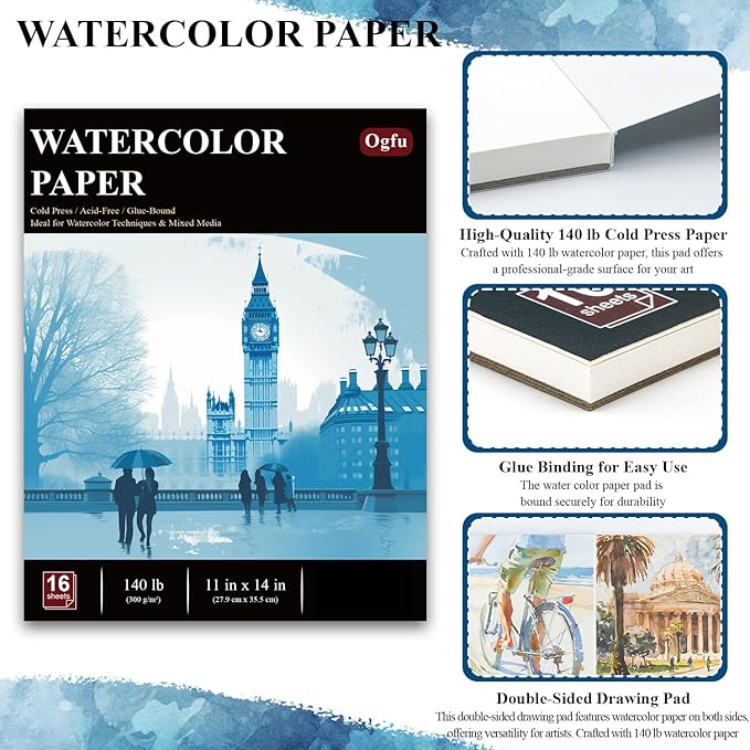 Water Color Paper 11x14, 16 Sheets(32Pages) Large Drawing Pad, 140 lb Cold Press Watercolor Paper 11x14, Art Paper for Watercolor Painting and Acrylic, Drawing & Art Supplies.