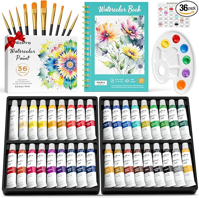 Nicpro Watercolor Paint Set for Adults, 36 Colors Watercolor Tube Set (12ml,0.4oz) with10 Paint Brushes, 25-Sheet Watercolor Paper Book, Palette, Water Color Painting Supplies for Artists Beginners Gift
