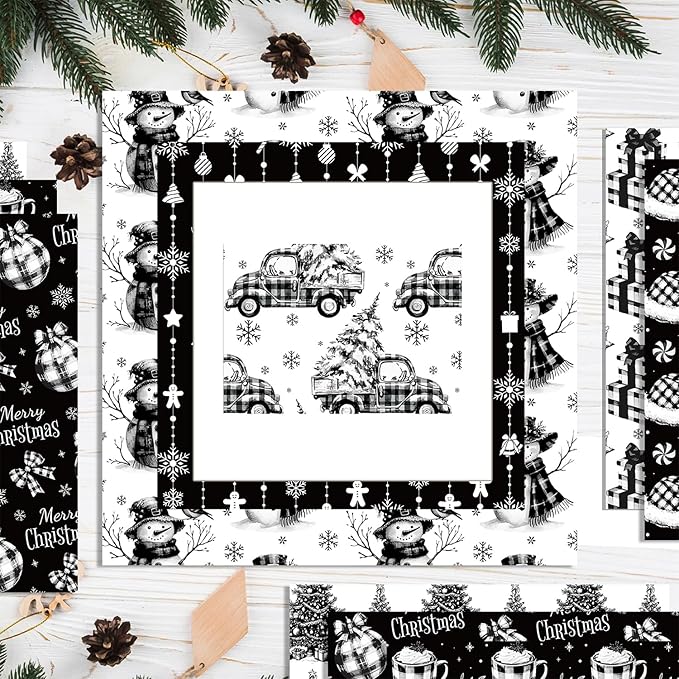 24 Sheets Christmas Scrapbook Paper 12'' × 12'' Double-Sided Xmas Black Plaid Pattern Paper Decorative Art Cardstock for Holiday DIY Crafts Card Making Scrapbook Supplies