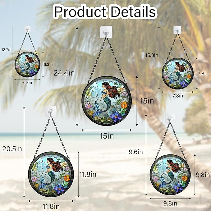 Stained Glass Window Hanging - Light Blue Mermaid Suncatcher for Door Terrace Garden Home Decor, Ocean Flowers Sun Catcher Birthday Gifts for Lovers Women Men Dad Mom Nana 15 in
