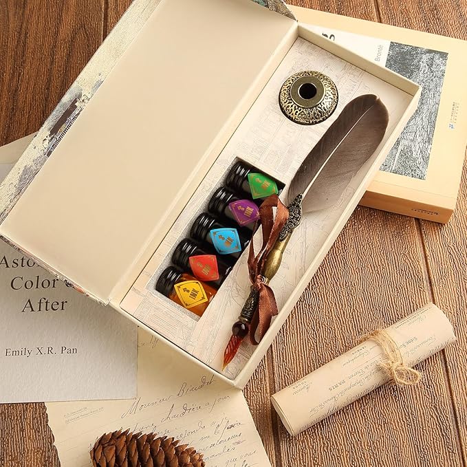 GC QUILL Feather Glass Dip Pen and Ink Set, Glass Calligraphy Pen with 5 Colors Ink and Pen Holder for Writing Drawing– MU-21