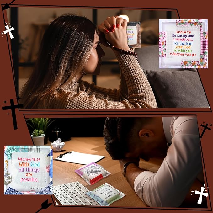 Pocket Prayer Quilt Panel Squares with Small Wooden Crosses Mini Scripture Pocket Prayer Quilt for Friend Family Religious Spiritual Gift Easter Reward Gift(Cute,Brown)