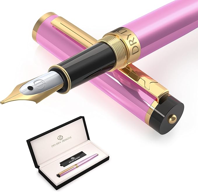 Dryden Designs Fountain Pen. Medium Nib Premium Box | 6 Ink Cartridges Included (Luscious Pink)