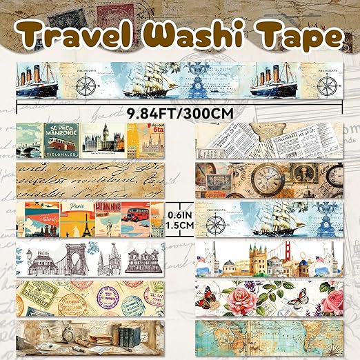 Vintage Washi Tape Set,12 Rolls Holiday Travel Aesthetic Decorative Tape Retro Poster Map Stamp Clocks Architecture Masking Washi Tape for Journaling Supplies, Scrapbooking, DIY Arts & Crafts