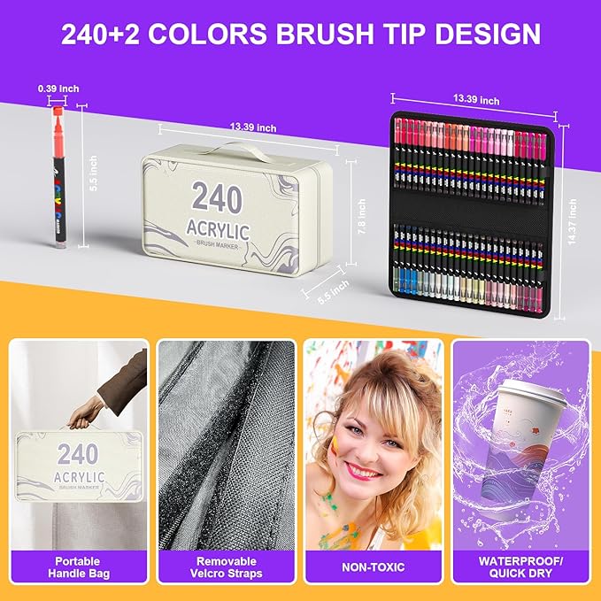 DICEKOO 240 + 2 Colors Acrylic Paint Markers with Carrying Case, Soft Brush Tip Acrylic Pens, Smooth Writing, Quick-Drying, Lightfast, for Rock Painting, Canvas, Wood, Egg & DIY Crafts Art Supplies