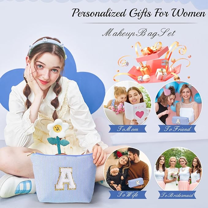 YOOLIFE Initial Makeup Bag for Women, Initial Cosmetic Bag Travel Toiletry Bags for Women Mom Birthday Gifts for Girls Mom Daughter Teacher Sister Kids Teen Girl Gifts Blue E