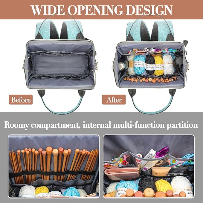 Knitting Bag Backpack, Yarn Organizer with USB Charging Port, Quilted Backpack for Women, Christmas Gifts Large Travel Crochet Bag Totes for Crochet Hooks, Knitting Needles, Yarn Supplies, Teal