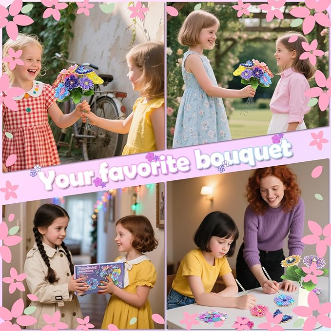 STAOVA 12 Pack Poke in Art Flower Bouquet Craft Kit with EVA Foam Flowers & Butterflies - DIY Creative Activity for Ages 4-12 & Up, Mess-Free Fun, Birthday/Mother's Day Gifts for Girls & Boys