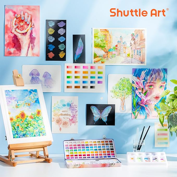Shuttle Art Watercolor Paint Set, 128 Vibrant Colors with Metallic Shades, Travel Water Color Set with Watercolor Brushes, Palette, Watercolor Sketchbook and Coloring Sheets for Adults, Kids, Artists