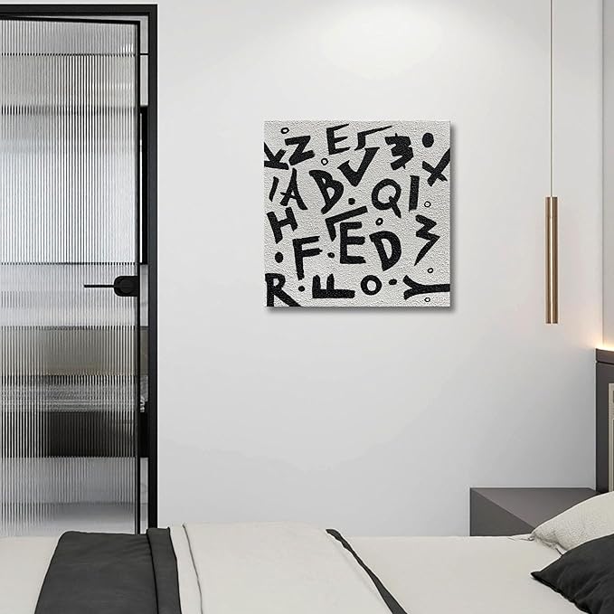 Art 24x24 inch Hand-Painted Black and White Letter Texture Art Oil Painting in Modern Abstract Style. Suitable for Wall Decoration in Home Office