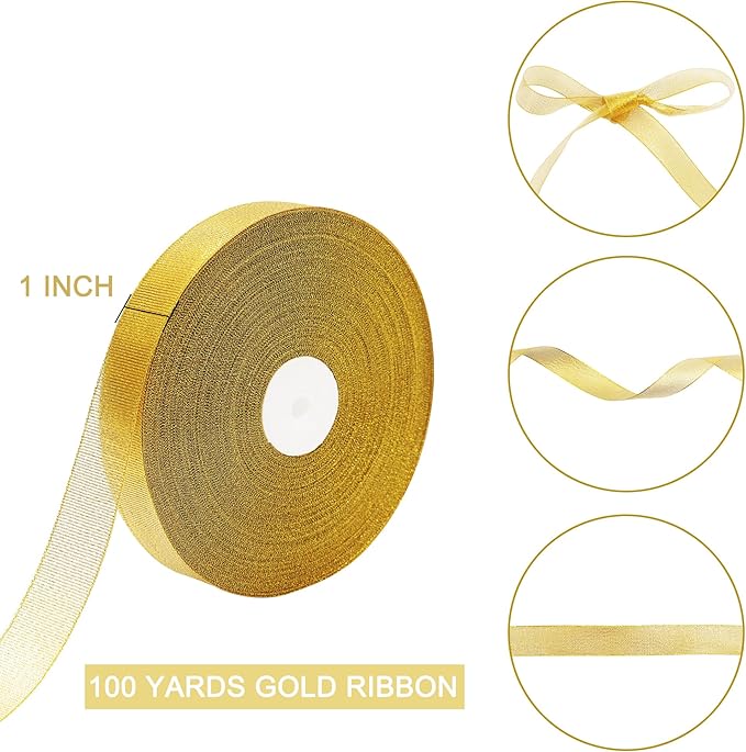 100 Yards Gold Glitter Ribbon 1 Inch, Sparkly Width Solid Fabric Ribbon for Gift Wrapping, Crafts, Holiday Wedding Birthday Party Decoration Flower Bouquet, Metallic Gold Ribbon Roll