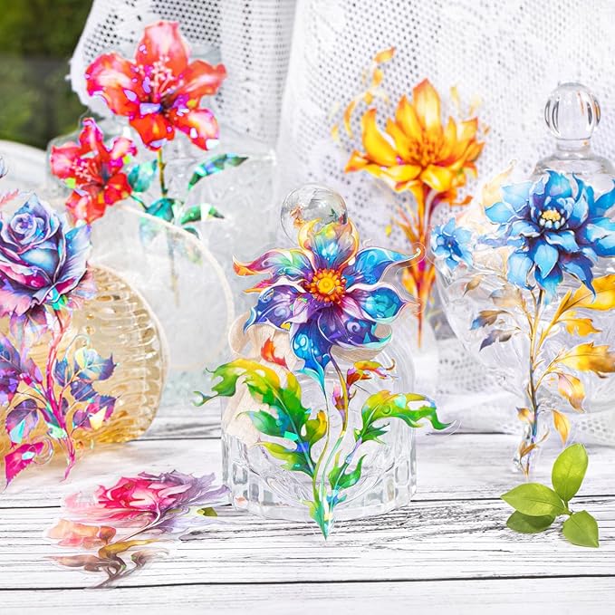 Yoksas Large Holographic Shiny Fantasy Flowers Stickers - 30Pcs Waterproof Clear Glitter Floral Scrapbook Stickers for Junk Journals,Planner,Resin Art Supplies