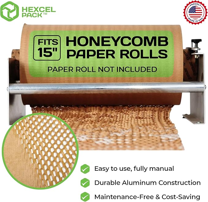 HexcelPack Mini Packing Station – 15" Wide Tabletop Honeycomb Packing Paper Roll Dispenser, Kraft Wrapping Paper Holder, Manual Wrapping Station for Small Business - Dispenser Only