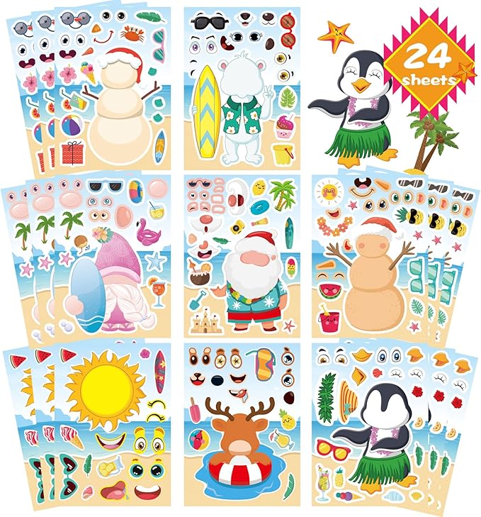 24 PCS Summer Stickers for Kids, July Christmas Make a Face Stickers, Make Your Own Mix and Match Sticker with Santa Claus, Reindeer, Penguin, Polar Bear and Snowman, Hawaii Tropical Beach Sticker