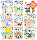 24 PCS Summer Stickers for Kids, July Christmas Make a Face Sticker, Make Your Own Sticker Sheets Chirstmas Santa Claus Hawaiian Tropical Style Stickers for July Party Games Decorations Supplies
