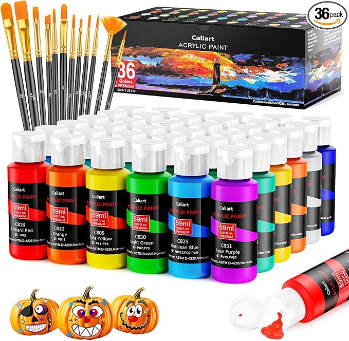 Caliart Acrylic Paint Set with 12 Brushes, 36 Colors (59ml, 2oz) Art Craft Paints Gifts for Artists Adults Beginners Painters, Halloween Pumpkin Canvas Ceramic Wood Rock Painting Kit Art Supplies