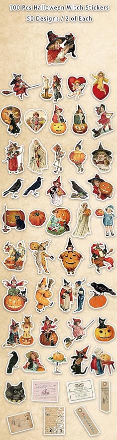 100 Pcs Vintage Witch Stickers, Retro Pumpkin Stickers for Scrapbook, Junk Journal, Collages, Halloween Party Favors, Waterproof Vinyl Stickers for Laptop, Phone, Window, Water Bottles