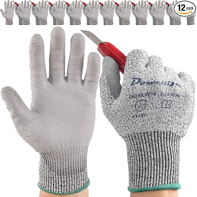 Dowellife 12 Pairs Level 5 Cut Resistant Work Gloves for Men and Women, PU Coated Breathable Gardening Gloves, Thin Flexible and Firm Grip for Mechanics and Fishing (Large, Grey)