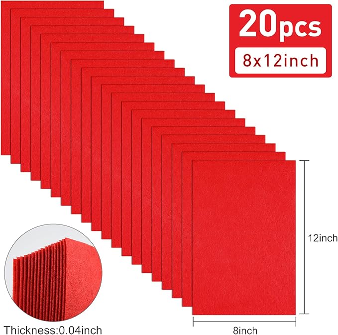20 Pcs Red Felt Fabric Sheet 8" x 12" Assorted Color Felt Fabric Sheets for Crafts DIY Handcraft Sewing Squares Patchwork Nonwoven