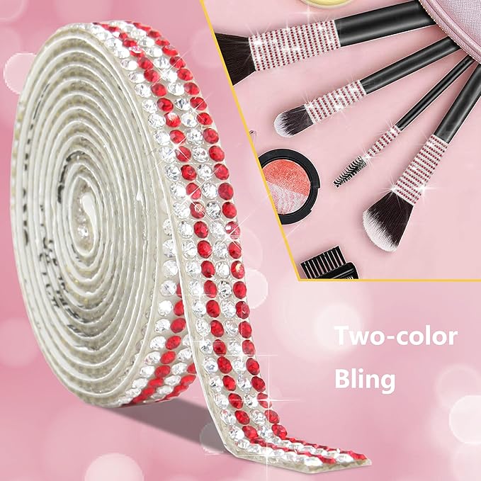 4 Rolls Rhinestone Tape Self Adhesive Crystal Ribbon Diamond Bling Strips with 2 mm Glitter Sticker for Arts Crafts Wedding Birthday Party DIY Event Car Phone Decoration (Silver+Red)