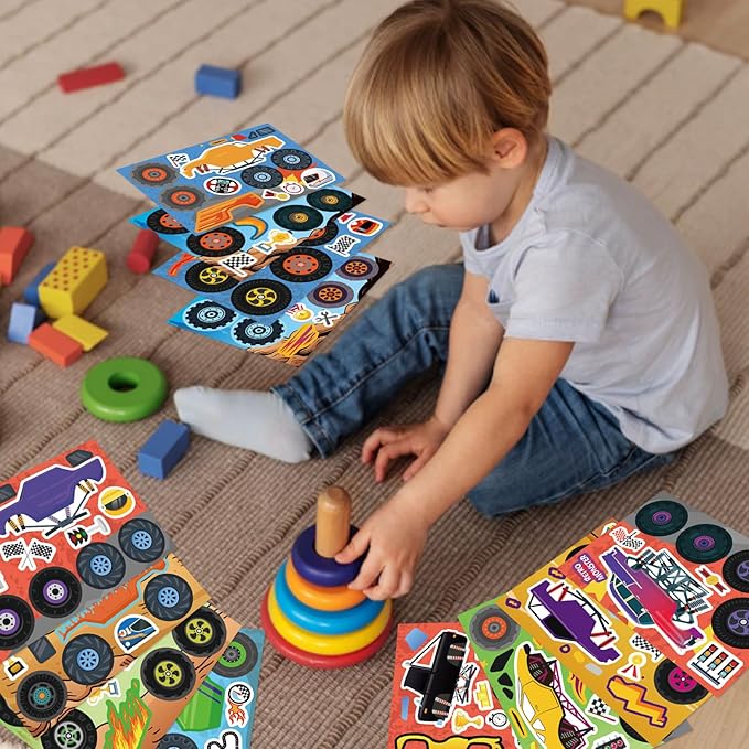 DUJAA 24 Sheets Monster Truck Stickers for Kids, Colorful, Premium Quality, Make Your Own, Monster Truck Party Favor, Teacher Reward, Birthday Gift