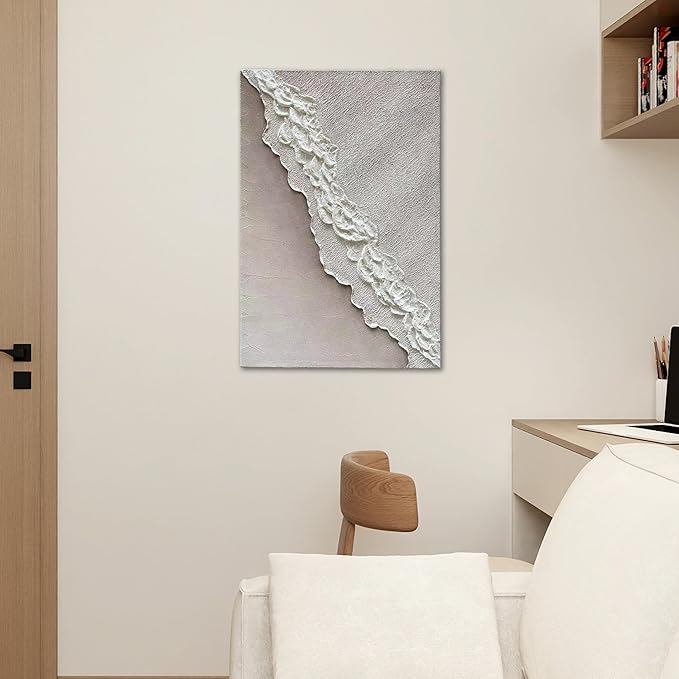 Art Hand-Painted Beach Wave Landscape Art Oil Painting with White Texture Abstract Style for Home Wall Decoration. 40x28 inches
