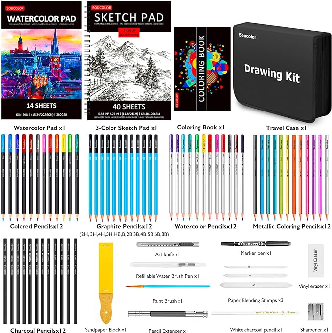 Soucolor Art Supplies, 76 Pack Drawing Set Sketching Kit, Box for Artist Adult : 3-Color Sketchbook, Watercolor Pad, Coloring Book, Charcoal Colored Watercolor Metallic Pencils