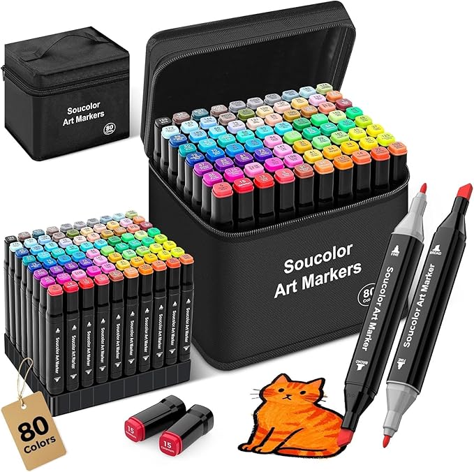 Soucolor Alcohol Markers 80 Colors with Case & Holders, Dual Tips Chisel & Fine Art Markers for Adult Coloring Kids Drawing, Artist Markers Art Supplies for Blending Sketching