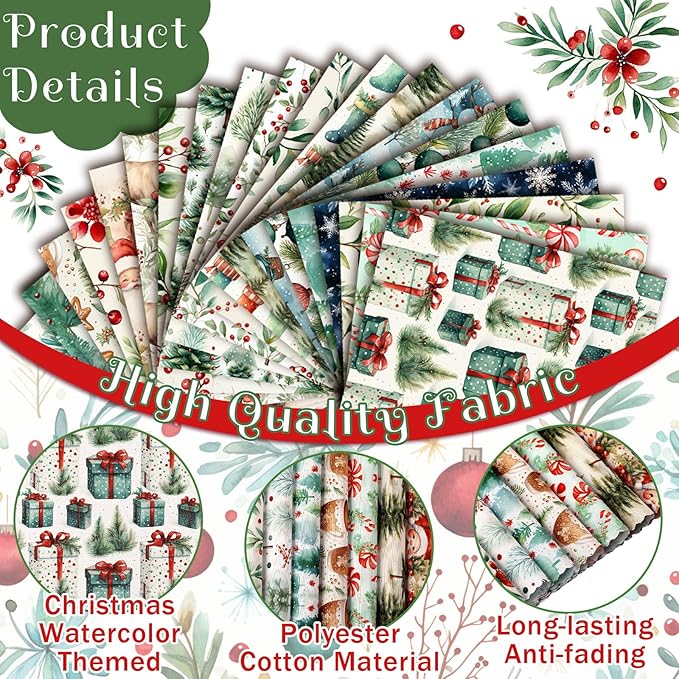 HunnmingRe 20 Pcs 10''x10'' Watercolor Christmas Quilting Fabric Square Santa Red Berry Reindeer Quiltted Fabric Bundle Multicolor Precuts Printed Patchwork Supplies for Xmas Holiday DIY Sewing Craft