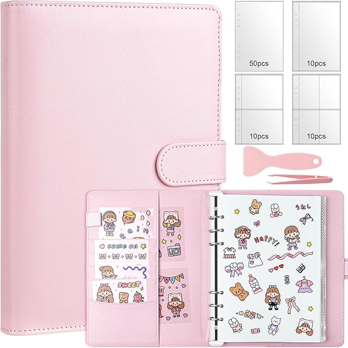Reusable Sticker Book, A5 PU Leather Sticker Collecting Album with 100 Sides Blank Release Paper and 140 Pockets for Adult Kids Toddlers (Pink)